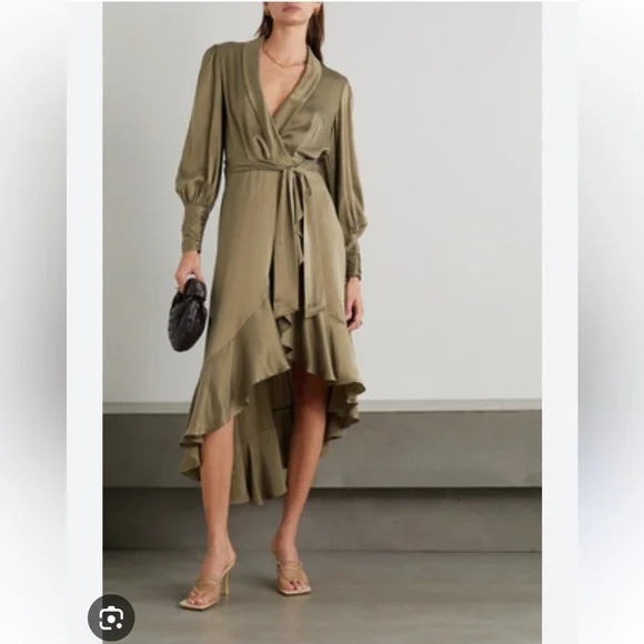 Zimmermann Asymmetric Ruffled Silk-satin Wrap Dress - Green 0P Zimmermann Asymmetric Ruffled Silk-satin Wrap Dress - Green 0P